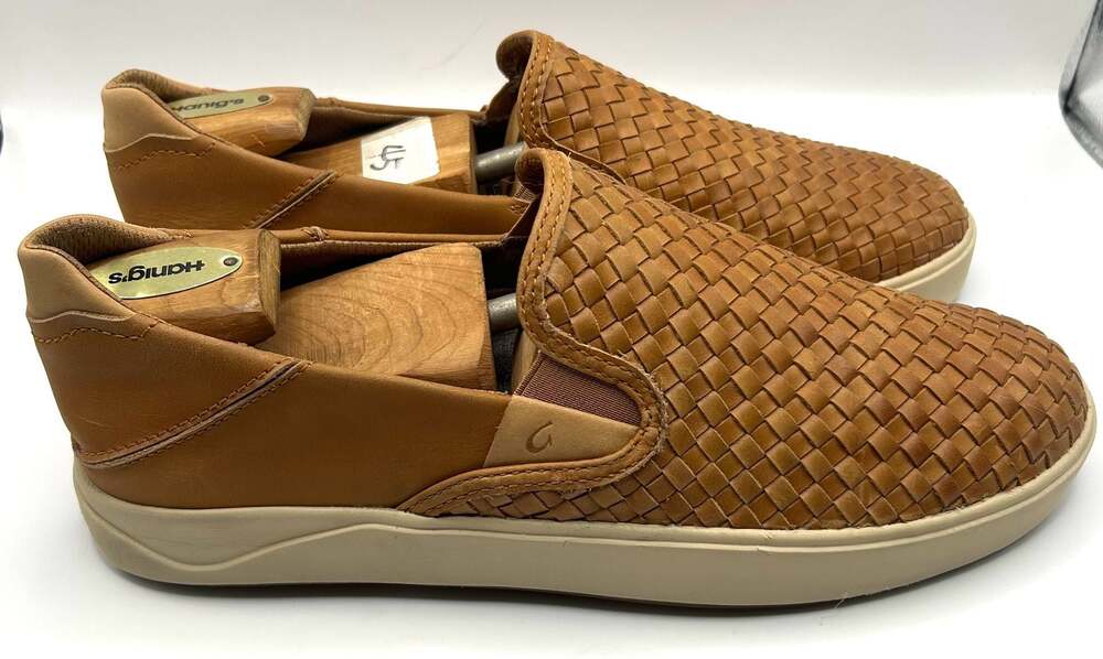 OluKai Men's Lae'ahi Lauhala Woven Leather Slip-On Sneakers - Fox/Fox - Picture 2 of 7